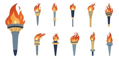 Torch with burning fire in flat design. Vector set. Stock Illustration