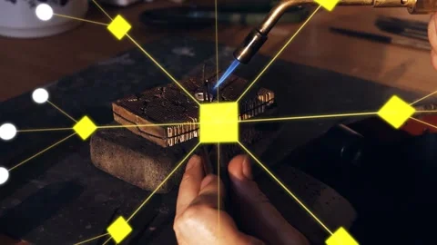 Torch contacting metal, artisan heating wire, yellow network expanding over Stock Footage 332590873