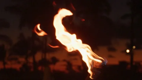 Torch with fire and flames burning in Hawaii sunset sky by palm trees. Stock Footage 109586871