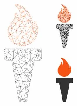 Torch Fire Vector Mesh Wire Frame Model and Triangle Mosaic Icon Illustrazione stock