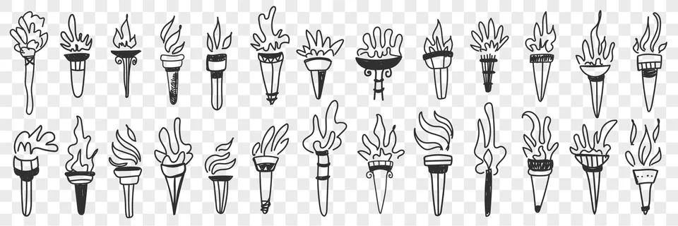 Torch with flame fire doodle set イラスト素材
