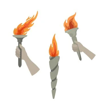 Torch in hand set. Tree burning torches flames Stock Illustration