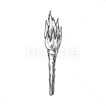 Torch Handmade Old Wooden Burning Stick Ink Vector Stock Illustration