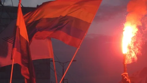 Torch in Protest march rally walk Slow motion Stock Footage 106949112