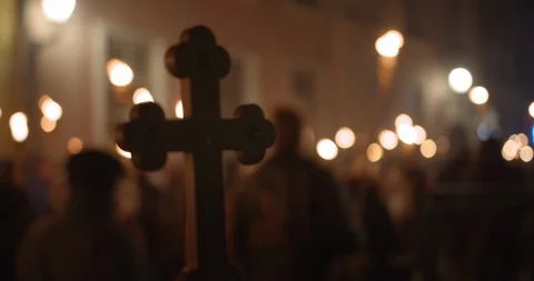 Torchlight procession protest march at night people walk with burning torches Stock Footage 126895689