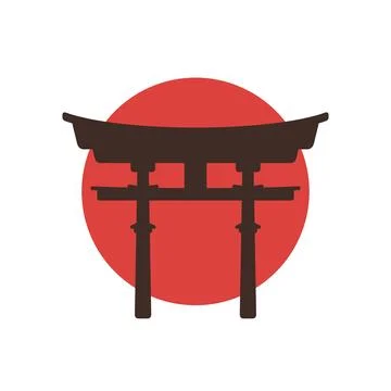 Torii Gate and red sun. Japanese symbol on setting sun background. Stock Illustration
