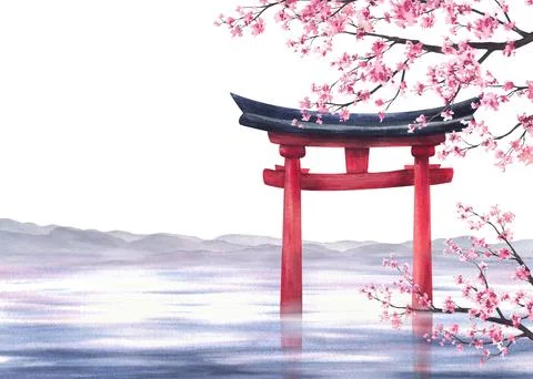 Torii gate over water with sakura branches. Hand painting watercolor Japane.. Stock Illustration