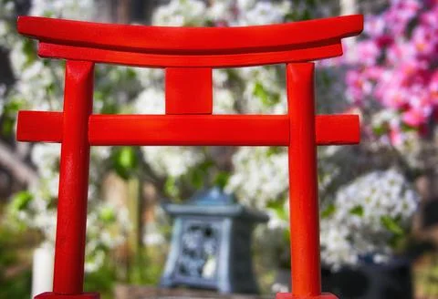 Torii Gate With Pear and Cherry Blossoms Stock Photos