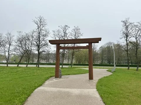 Torii Gate from Side Angle at Sakura Park in Klaipeda – April 24, 2025 Stock Photos