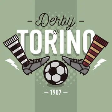 Torino Derby In Italian Label Design. Soccer Boots And Ball Flat 库存插图