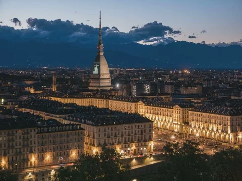 Torino, Italy: time lapse fading from sunset to night Stock Footage