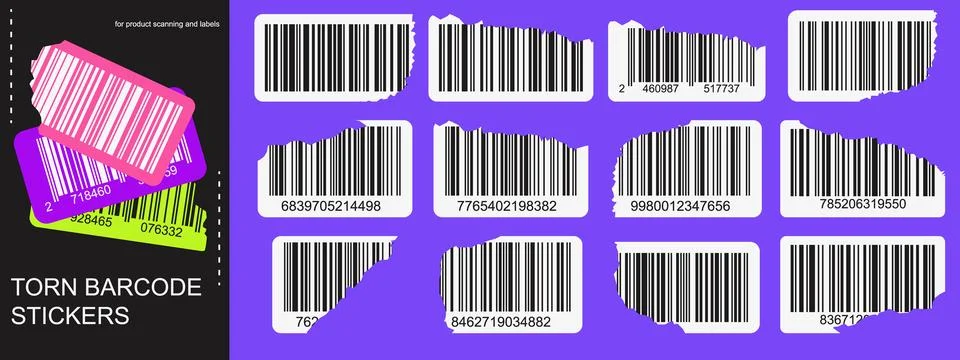 Torn barcode stickers set with ripped label edges. Collection of fake produ.. 库存插图