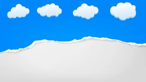 Torn of blue paper strip, piece is with clouds on white background for text Stock Illustration