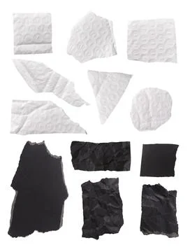 Torn bubble wrap and black paper and carton pieces with textures, irregular Stock Photos