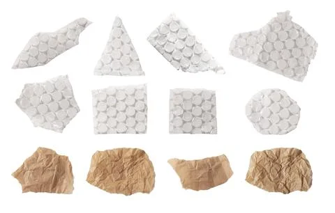 Torn bubble wrap and crumpled brown paper pieces with varied textures and Stock Photos