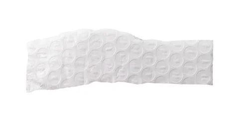 Torn bubble wrap strip with circular cells isolated on white. Wrinkled plasti Stock Photos