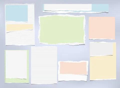 Torn colorful and white note, notebook paper strips stuck on blue background Stock Illustration
