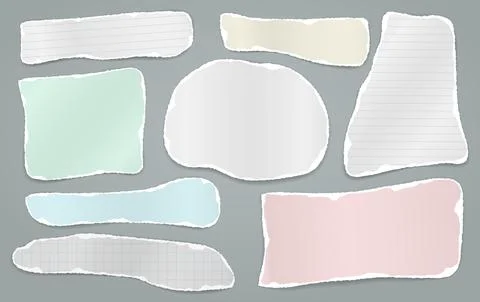 Torn of colorful and white note, notebook paper strips, pieces stuck with sticky Stock Illustration