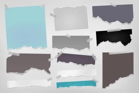 Torn of colorful note, notebook paper strips and pieces stuck with sticky tape Stock Illustration