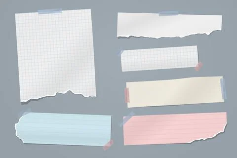 Torn of colorful note, notebook paper strips, pieces stuck with sticky tape on Stock Illustration