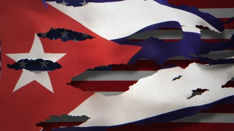 Torn Cuban flag layered over United States flag animation 스톡 동영상 347416106