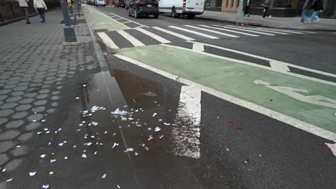 Torn document paper in dirty water on asphalt, New York City - 4K Stock Footage 306017864