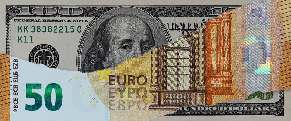 Torn Dollar Banknote Over 50 Euro Currency Stock Photos