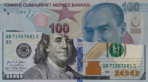 Torn Dollar Banknote Over Turkish Lira Currency Stock Photos