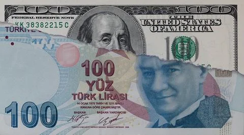 Torn Dollar Banknote Over Turkish Lira Currency Stock Photos