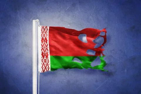 Torn flag of Belarus flying against grunge background Stock Illustration