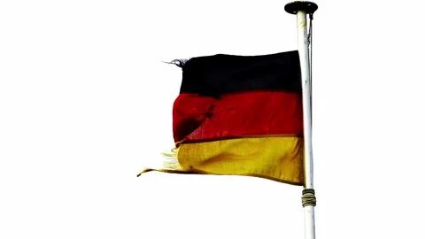 Torn german flag waving on a flagpole isolated on white background, represe.. Stock Footage 339412285