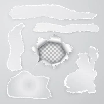 Torn hole in paper with ripped edges with shadow. Vector torn paper pieces. T Stock Illustration
