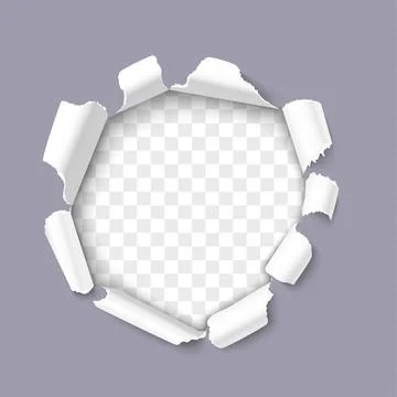 Torn hole in paper sheet on a transparent background Stock Illustration
