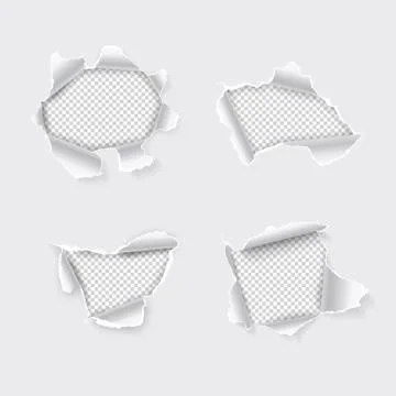 Torn hole set in paper on transparent background. Vector illustration. Stock Illustration
