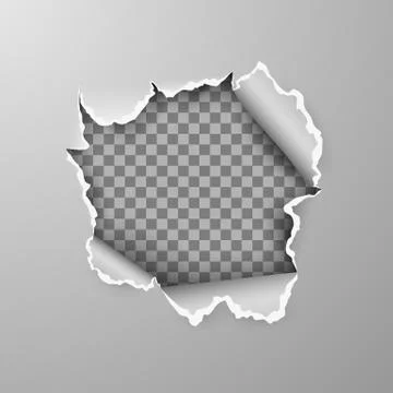 Torn hole in sheet of gray paper on transparent background with space for tex Stock Illustration