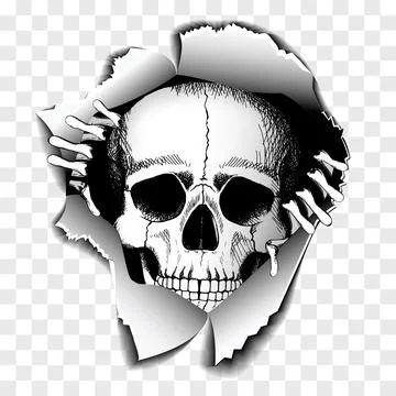 Torn hole with skeleton head and hands. Vector illustration. 스톡 일러스트