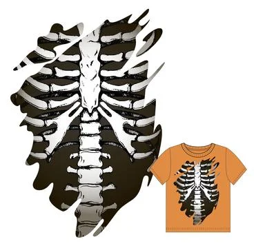 Torn hole with skeleton inside. Print for t shirt. Illustrazione stock