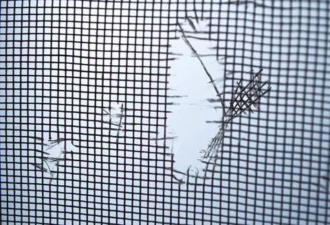 Torn mosquito net for the window. Stock Photos