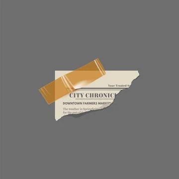 Torn newspaper corner piece glued with adhesive tape, vector clipping sheet.. Illustrazione stock