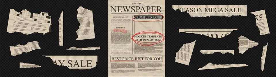 Torn newspaper note pieces set vintage texture jagged rip edge. Ripped page for Stock Illustration
