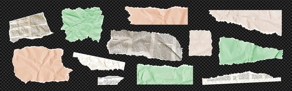 Torn newspaper vector bundle features white, green, beige tan paper rip texture. Illustrazione stock