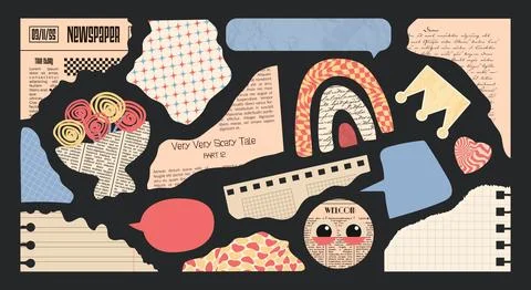 Torn newspapers and Notebook sheets for Collages and Scrapbook. Cut strips .. Stock Illustration