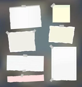 Torn note, notebook, copybook paper strips, sheets stuck with sticky tape on Illustrazione stock