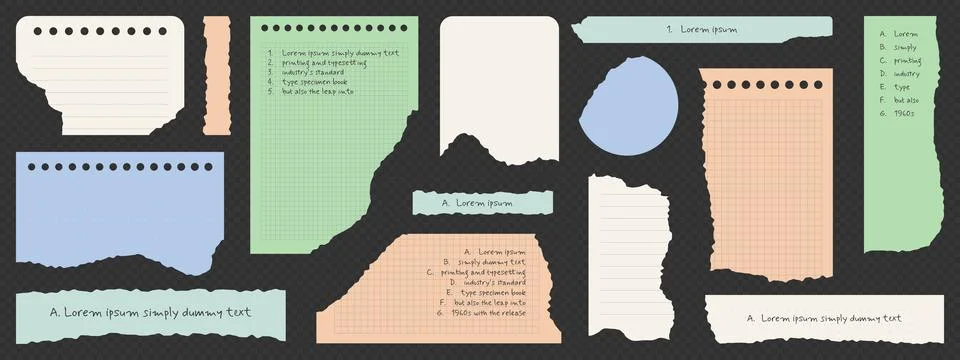 Torn notebook paper pieces set Illustrazione stock