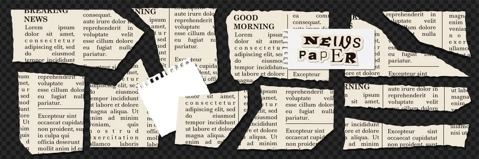 Torn out newspaper sheet elements set for scrapbooking. Old small paper pieces Stock Illustration