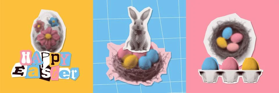 Torn out vintage halftone Easter day collage covers set, trendy card with cutout Stock Illustration