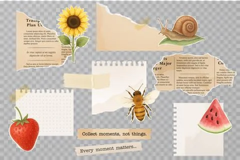 Torn paper and summer elements collage on transparent background Stock Illustration