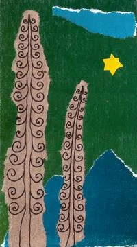 Torn paper collage in mosaic technique, fir trees on mountains background Ilustração Stock