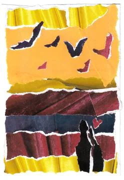 Torn paper collage in mosaic technique, couple in love on sunset background Ilustração Stock