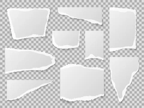 Torn paper. Different shapes of papers scraps, textured memo sheets. Grainy Stock Illustration